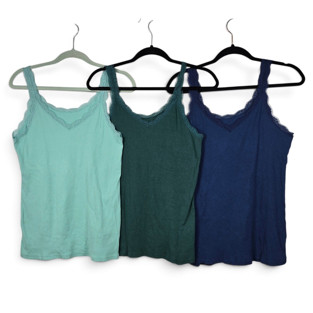 Uniqlo Camisole Womens XL Lace Trim Ribbed Cotton Modal Green Navy Blue Set of 3